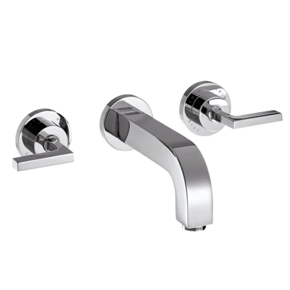 Waschtischarmatur von AXOR im minimalistischen Design für die Wandmontage, bestehend aus einem Auslauf und zwei Hebelgriffen. Oberfläche in glänzendem Chrom.